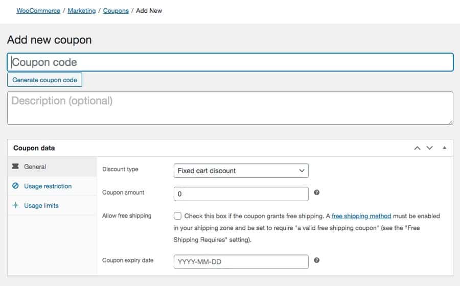 WooCommerce add new coupon