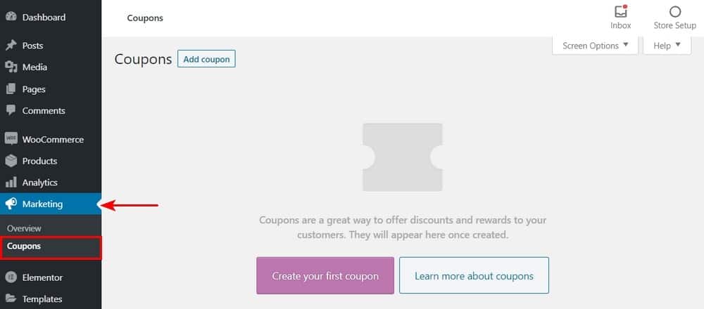 WooCommerce coupons page