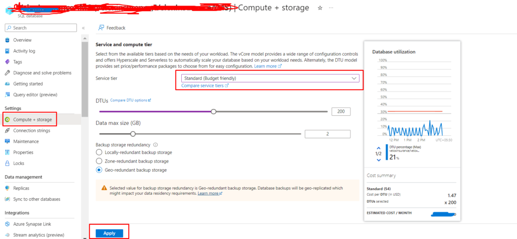 Azure SQL Servers database by using the configure blade in the menu section