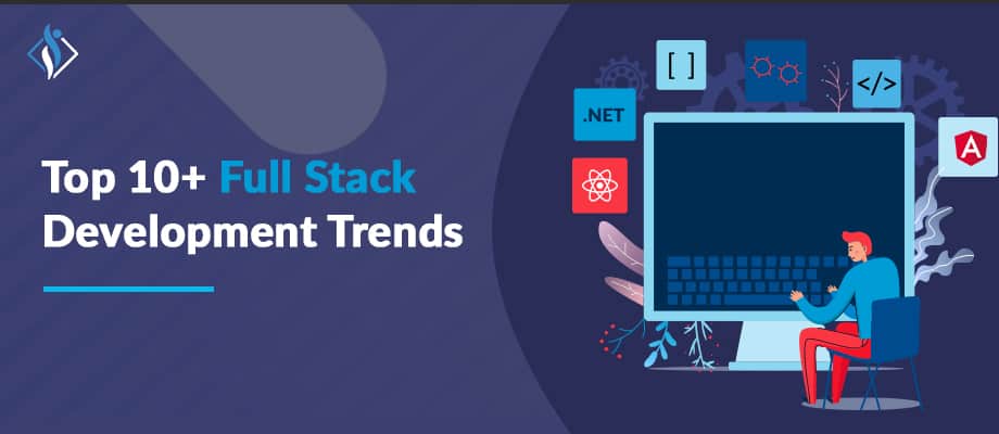A man sitting on a chair and using a computer is researching Full Stack Development Trends.