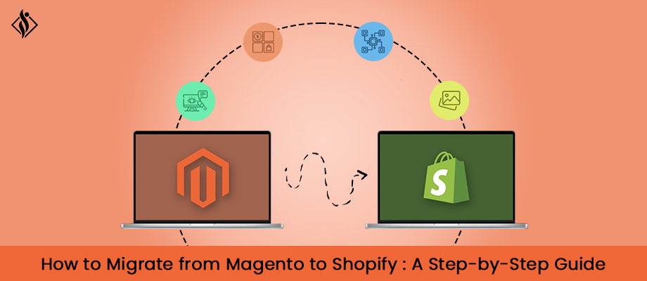 A laptops with icons and symbols are showing Magento to Shopify migration process