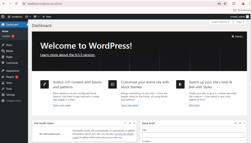 New Welcome to WordPress dashboard