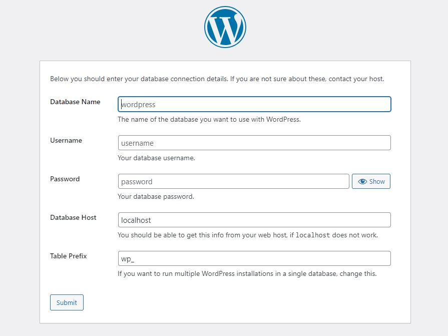 Wordpress installing dashboard in localhost