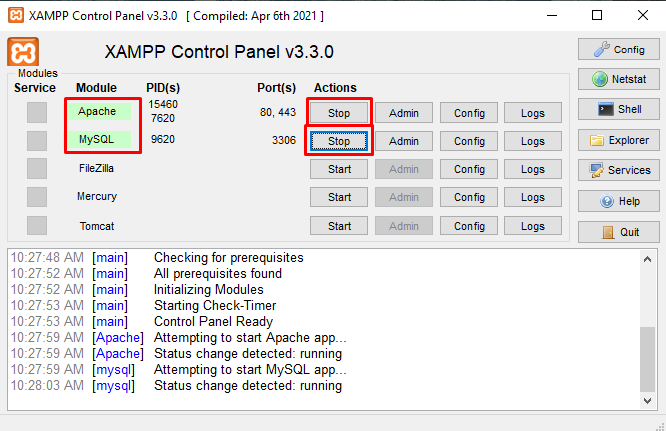 xampp control panel dashboard