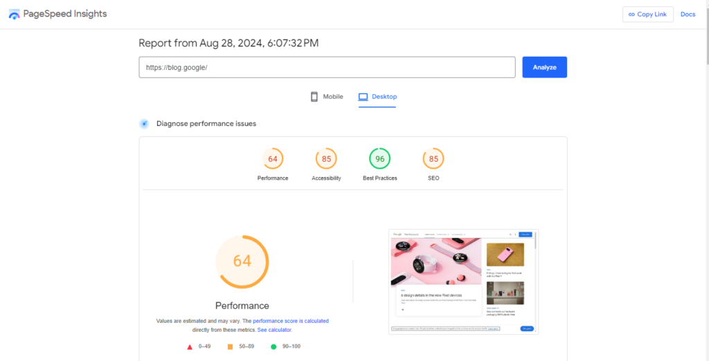 Page speed insights dashboard of WordPress website