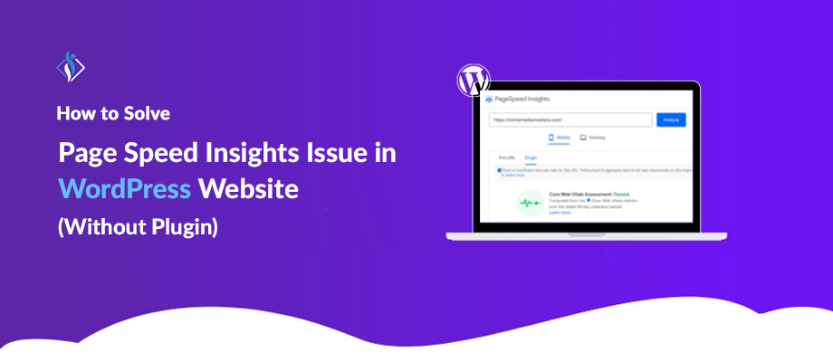 In the laptop screen, a guide on fixing page speed insights errors on a WordPress website is displayed.